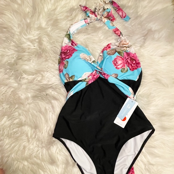 Floral and Black Halter One-Piece Swimsuit- NEW - Picture 2 of 3